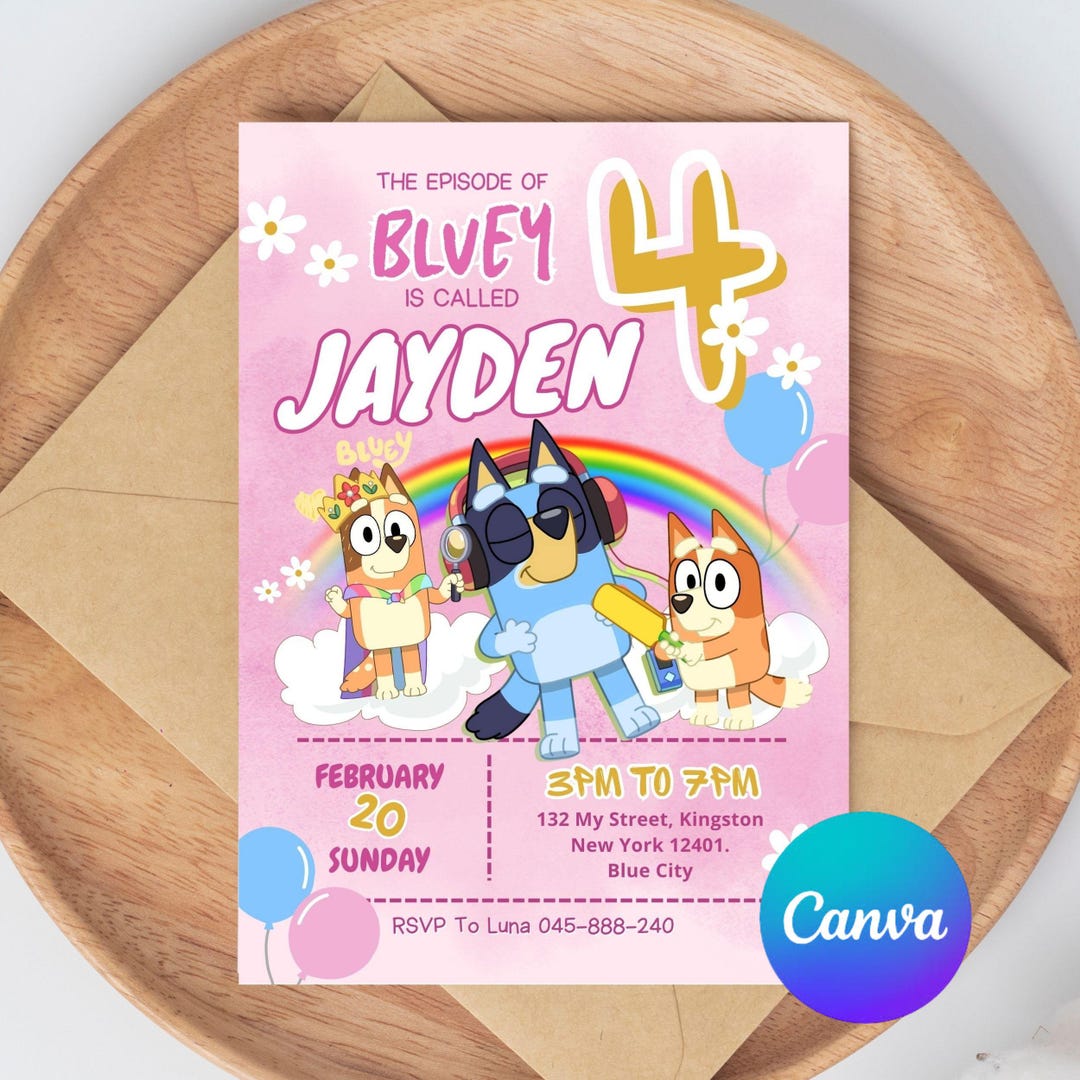 Editable Bluey Birthday Invitation Girl, Bluey Party Invite Canva ...