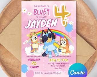 Bluey Geburtstagseinladung Bing Geburtstagseinladung bearbeitbar Bluey und Bingo-Geburtstagseinladung Bluey-Geburtstagsfeier einladen, Canva Editable