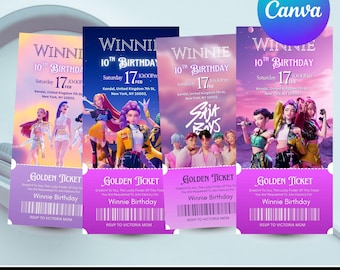 Bearbeitbares Kpop-Geburtstagseinladungsticket, Partypass im Konzertstil, Huntrix-Dämonentöter druckbare Mädchen-Partyeinladungsvorlage