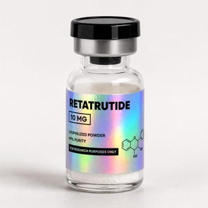 May include: A clear glass vial with a black cap and silver rim, containing a white powder. The label reads "RETATRUTIDE 10 MG" with additional text and a chemical structure. The label has a holographic, iridescent finish.