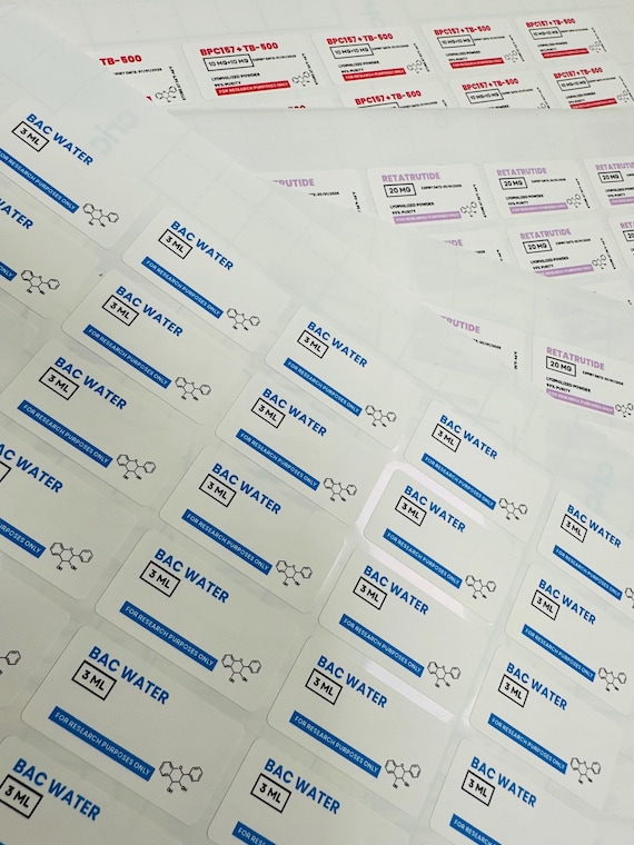 5ml bac water Custom Bac Water Vial Labels | Easy to Read| Waterproof, Oil-proof for 3ml/ 5ml Vials| Pair With Peptide Label