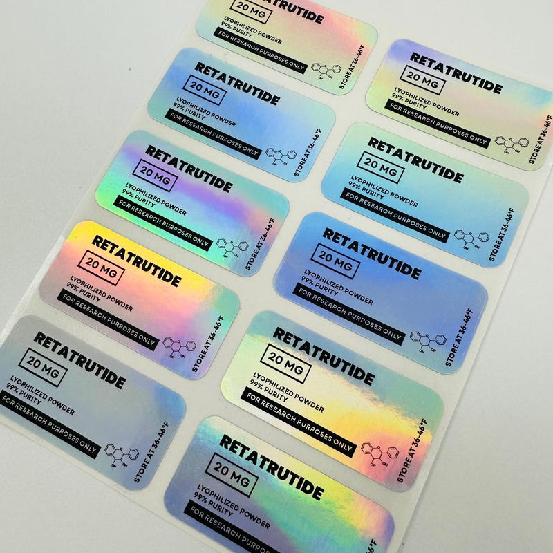 Holographic Peptide Vial Labels, Holographic Stickers for 3mL, 5mL Vials, 1.5"x0.75", Price for every 10 Labels
