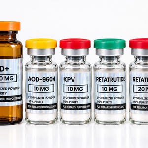 May include: Five glass vials containing lyophilized powder. The first is amber with an orange cap labeled NAD+ 500 MG. The others are clear with yellow, red, green, and red caps, labeled AOD-9604 10 MG, KPV 10 MG, RETATRUTIDE 10 MG, and RETATRUTIDE 20 MG.