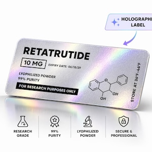 May include: A silver holographic label with the text "RETATRUTIDE 10 MG" and "EXPIRY DATE: 06/18/29". It also includes "LYOPHILIZED POWDER 99% PURITY" and "FOR RESEARCH PURPOSES ONLY". The label has a chemical structure and icons.