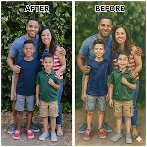 May include: A family portrait showing a mother, father, and two sons. The mother wears a red, white, and blue striped top. The father and sons wear blue and green shirts with khaki shorts. The image is labeled "AFTER" at the top left.