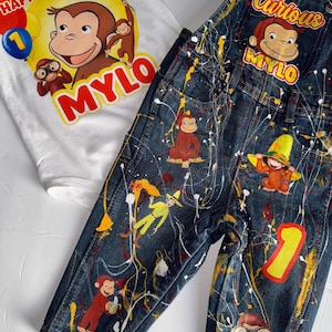 Curious George Birthday Outfit – Custom Monkey Theme Shirt & Overalls – Personalized Toddler Birthday Set