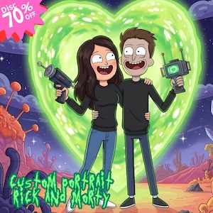Aangepaste portret Rick n Morty, portret cadeau stel, Rick n Morty poster, Rick n Morty aangepast portret, R en M cartoon portret, verjaardagscadeau