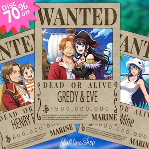 Personalisierte Pirat Anime Geschenk, Anime Steckbrief, Wunsch Poster, druckbare Wandkunst, Paar Portrait, Geburtstagsgeschenk