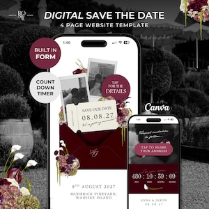 Può includere: Un modello di sito web digitale "Save the Date" di 4 pagine per dispositivi mobili con una busta bordeaux, accenti floreali e due foto in stile polaroid. L'interfaccia include il testo "Save Our Date 08.08.27", "Tap for the details" e un timer.