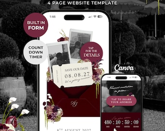 Burgundy Floral Save the Date Website with RSVP/Details: Canva Digital Invitation Template (Digital Download)
