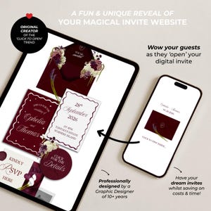 May include: A tablet and smartphone displaying a digital wedding invitation suite with deep burgundy envelopes, floral accents, and white cards featuring the text Ophelia and Thomas, 28th September 2026, and RSVP details, with interactive click prompts.