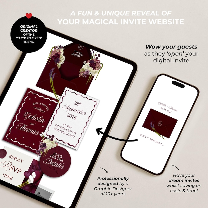 May include: A tablet and smartphone displaying a digital wedding invitation suite with deep burgundy envelopes, floral accents, and white cards featuring the text Ophelia and Thomas, 28th September 2026, and RSVP details, with interactive click prompts.
