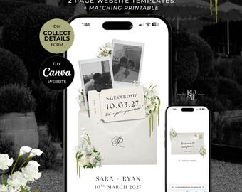 Ivory & Green Floral Save the Date Website: Canva Digital Invitation Template (Digital Download)