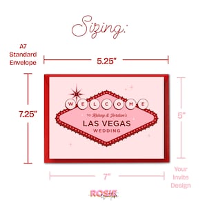 May include: A red and pink Las Vegas wedding invitation card with the text "Welcome" and "Las Vegas Wedding". The card measures 7.25 inches by 5.25 inches and is 5 inches tall. The design includes a starburst and small lights.