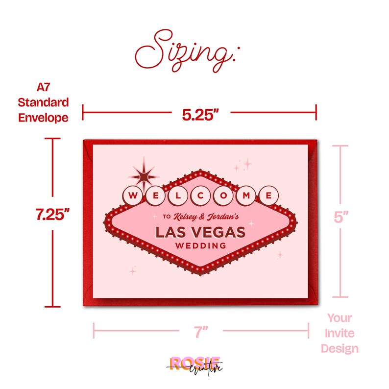 May include: A red and pink Las Vegas wedding invitation card with the text "Welcome" and "Las Vegas Wedding". The card measures 7.25 inches by 5.25 inches and is 5 inches tall. The design includes a starburst and small lights.