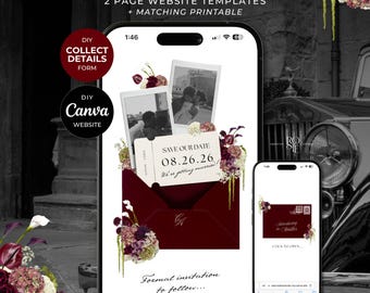 May include: Digital save the date template with a burgundy envelope design, featuring a wedding date and couple's names. Includes a matching printable and website templates. The design incorporates floral accents and vintage-style photos.