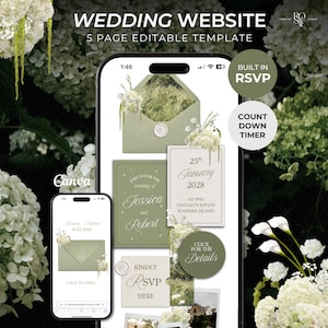 Può includere: Un modello di sito web per matrimoni digitale visualizzato su due smartphone, con schemi di colore verde salvia e bianco e accenti floreali. Lo schermo mostra testo tra cui Wedding Website, 5 Page Editable Template, Built In RSVP, Count Down Timer, 25th January 2028, Jessica and Robert e Click For The Details.