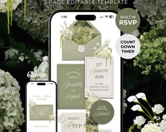 Green Floral Wedding Website Template with RSVP: Editable Canva Design (Digital Download)