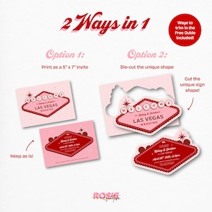 May include: Pink and red wedding invitation design with a Las Vegas theme. The invitation features a diamond-shaped design with the text "Welcome to Las Vegas Wedding." The image includes instructions for printing as a 5" x 7" invite or die-cutting.