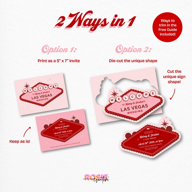 May include: Pink and red wedding invitation design with a Las Vegas theme. The invitation features a diamond-shaped design with the text "Welcome to Las Vegas Wedding." The image includes instructions for printing as a 5" x 7" invite or die-cutting.