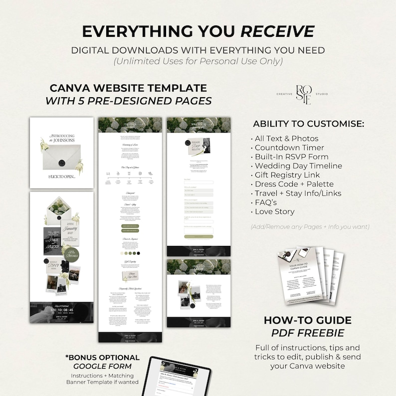Ivory, Green & Black Floral Wedding Website Template with RSVP: Editable Canva Design (Digital Download) image 7