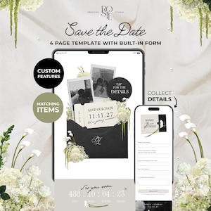Black, Ivory & Green Floral Save the Date with Built-In Form: Canva Website Template (Digital Download)