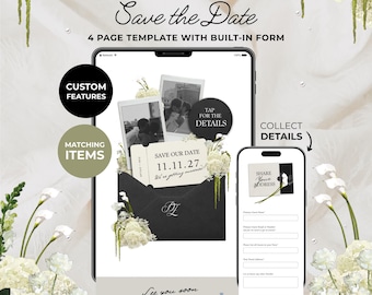 Black, Ivory & Green Floral Save the Date with Built-In Form: Canva Website Template (Digital Download)