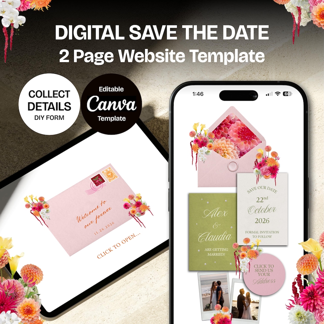 Bright Pink, Orange & Green Save the Date Website: Canva Digital Invitation Template (instant Download) - Etsy UK