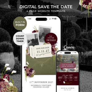 May include: A digital save the date 4-page website template for mobile phones. The design features an olive green envelope, floral accents, and polaroid photos. Text includes "Save Our Date 11.11.27", "Tap for the details", and "Tap to share your address".