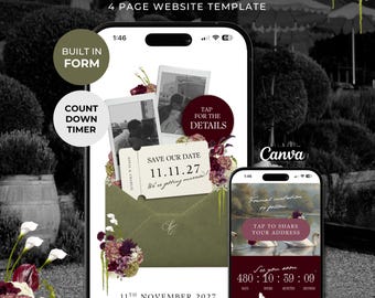 Olive Green & Burgundy Save the Date Website with RSVP/Details: DIY Canva Template (Digital Download)
