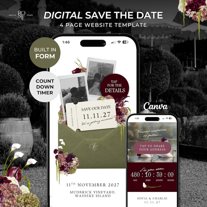 May include: A digital save the date 4-page website template for mobile phones. The design features an olive green envelope, floral accents, and polaroid photos. Text includes "Save Our Date 11.11.27", "Tap for the details", and "Tap to share your address".