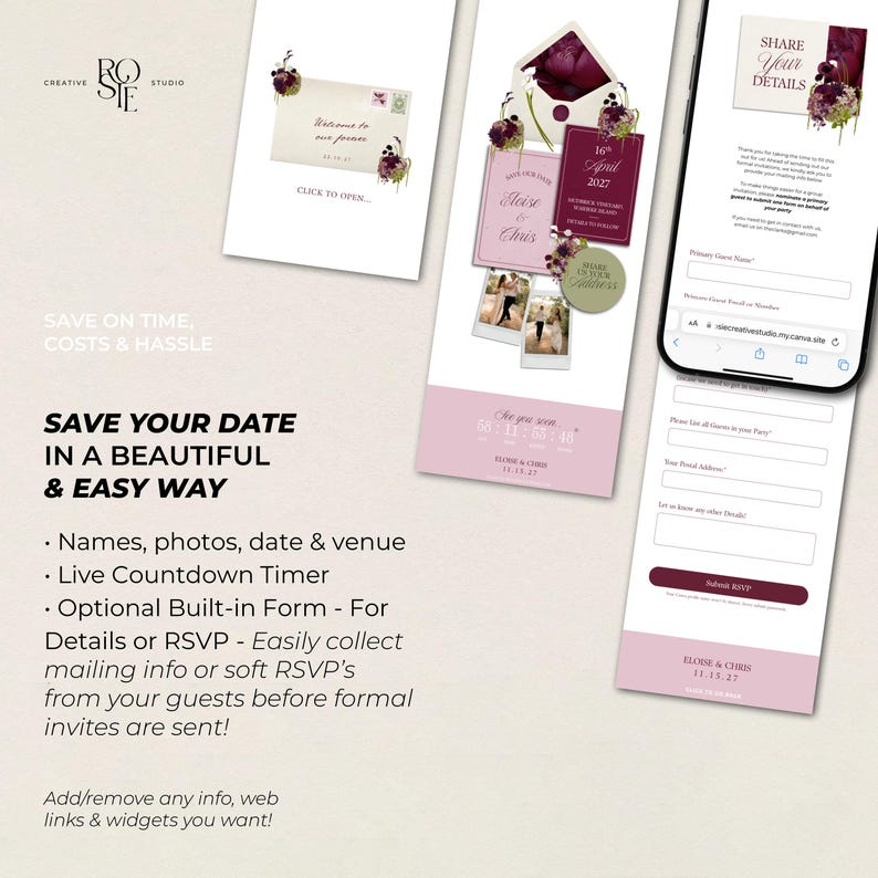 Op de afbeelding: Een digitaal trouwuitnodigingssjabloon met florale accenten, een afteltimer en een RSVP-formulier. Het ontwerp bevat tekst zoals Save Your Date In A Beautiful & Easy Way, Share Your Details en Eloise & Chris 11.13.27.