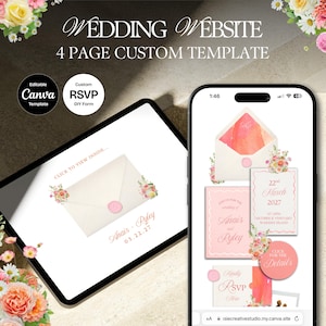 Op de afbeelding: Een sjabloon voor een trouwwebsite weergegeven op een tablet en smartphone. Het ontwerp bevat een aquarel envelop, bloemaccenten en RSVP-details. Tekst bevat "Wedding Website" en "4 Page Custom Template."