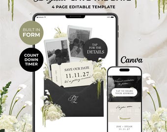 Black, Ivory & Green Save the Date Website: Canva Digital Invitation (Digital Download)