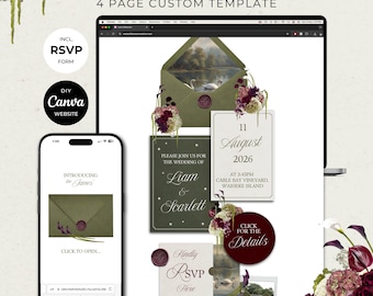 Olive Green & Burgundy Floral Wedding Website Template with RSVP: Editable Canva Design (Digital Download)