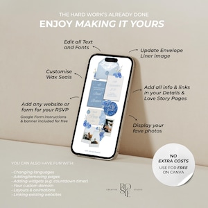 Puede incluir: Un tel&eacute;fono inteligente muestra una invitaci&oacute;n de boda digital con detalles florales azules, sellos de cera y espacios para fotos. Los textos superpuestos explican funciones de personalizaci&oacute;n como editar texto, fuentes y a&ntilde;adir enlaces.