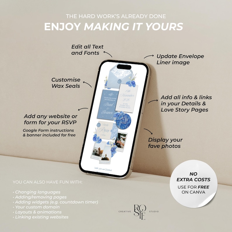 Puede incluir: Un tel&eacute;fono inteligente muestra una invitaci&oacute;n de boda digital con detalles florales azules, sellos de cera y espacios para fotos. Los textos superpuestos explican funciones de personalizaci&oacute;n como editar texto, fuentes y a&ntilde;adir enlaces.