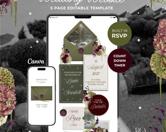 Olive Green & Burgundy Floral Wedding Website Template with RSVP: Editable Canva Design (Digital Download)