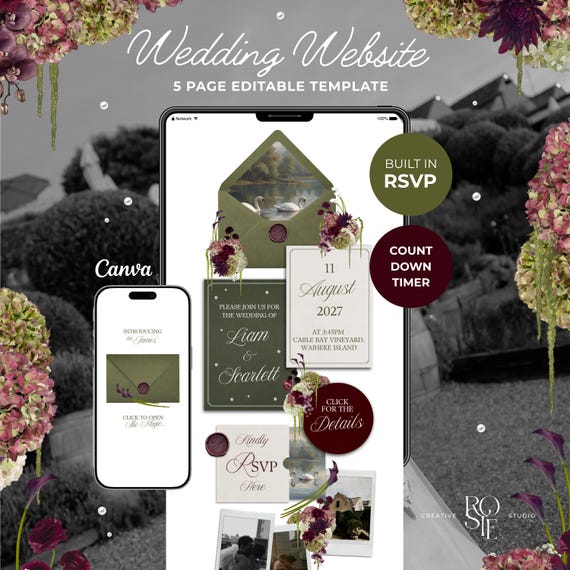 Olive Green & Burgundy Floral Wedding Website Template with RSVP: Editable Canva Design (Digital Download)
