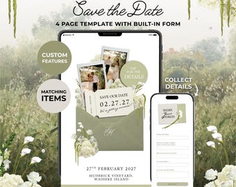 May include: A digital Save the Date 4-page template with a built-in form displayed on two mobile devices. The design features sage green envelopes, white floral accents, and polaroid-style photos with the text Save our Date 02.27.27.
