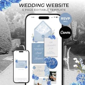 Puede incluir: Una plantilla de sitio web de bodas digital mostrada en dos tel&eacute;fonos inteligentes, con cuatro p&aacute;ginas editables con detalles florales azules. El dise&ntilde;o incluye texto como Wedding Website, 4 Page Editable Template, RSVP Incl, Canva, 15th November 2026, Brad & Eleanor y Click for the Details.