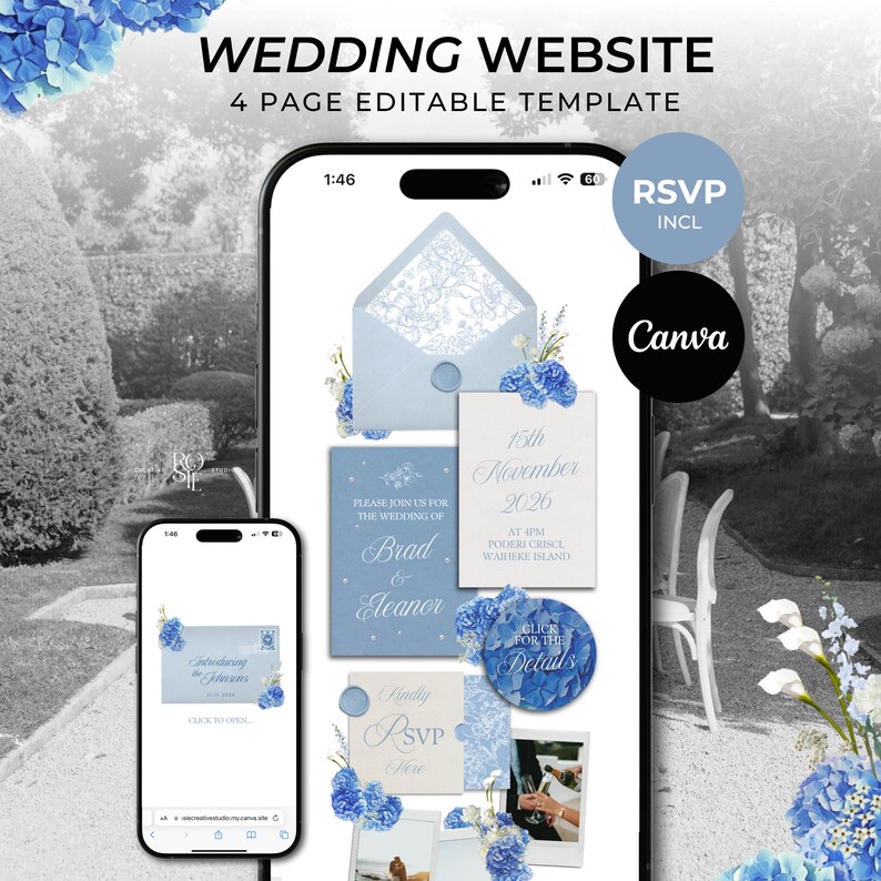 Puede incluir: Una plantilla de sitio web de bodas digital mostrada en dos tel&eacute;fonos inteligentes, con cuatro p&aacute;ginas editables con detalles florales azules. El dise&ntilde;o incluye texto como Wedding Website, 4 Page Editable Template, RSVP Incl, Canva, 15th November 2026, Brad & Eleanor y Click for the Details.