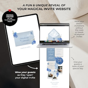 Puede incluir: Un sitio web de invitaci&oacute;n digital mostrado en una tableta y una computadora port&aacute;til, con un sobre azul claro con detalles florales azules y el texto 'Introducing the Johnsons 11.15.2026'. La interfaz incluye elementos interactivos como 'CLICK TO OPEN' y detalles de boda.