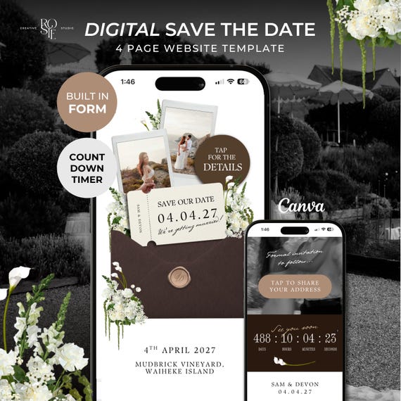 Espresso Brown & Ivory Save the Date Website: Canva Digital Invitation (Digital Download)