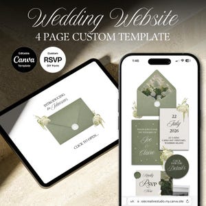 Può includere: Un modello di sito web di matrimonio digitale visualizzato su tablet e smartphone. Il design presenta una combinazione di colori verde salvia con accenti floreali. Il testo include "Wedding Website" e "4 Page Custom Template". Lo smartphone mostra i dettagli RSVP.