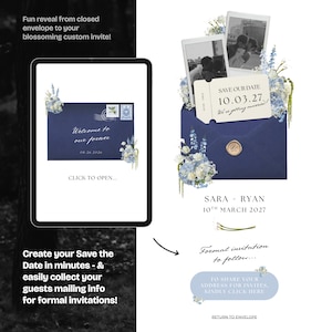 May include: Digital wedding invitation design featuring a navy blue envelope with a gold seal, surrounded by floral arrangements and photos. The invitation includes the text "Save Our Date" and the date "10.03.27".