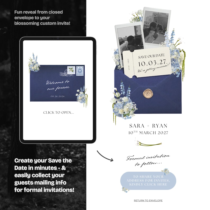 May include: Digital wedding invitation design featuring a navy blue envelope with a gold seal, surrounded by floral arrangements and photos. The invitation includes the text "Save Our Date" and the date "10.03.27".