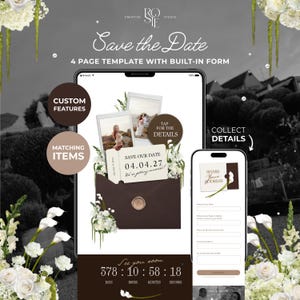 May include: A digital Save the Date 4-page template with a built-in form displayed on a tablet and smartphone. The design features a brown envelope, polaroid-style photos, and white floral accents. Text includes Save the Date, 04.04.27, and Share Your Address.
