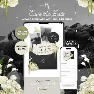 Può includere: Un modello digitale di 4 pagine Save the Date con modulo integrato visualizzato su tablet e smartphone. Il design presenta buste nere, accenti floreali bianchi e foto in stile polaroid. Il testo include Save the Date, 11.11.27 e Share Your Address.