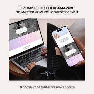 Może przedstawiać: Laptop i smartfon wyświetlające cyfrową stronę z zaproszeniem ślubnym z grafiką kwiatową, licznikiem czasu oraz tekstem "TAP TO SHARE YOUR ADDRESS" i "DAISY & LEON 08.16.26". Ekrany pokazują czarno-białe zdjęcie oraz tło z gradientem kolor&oacute;w.